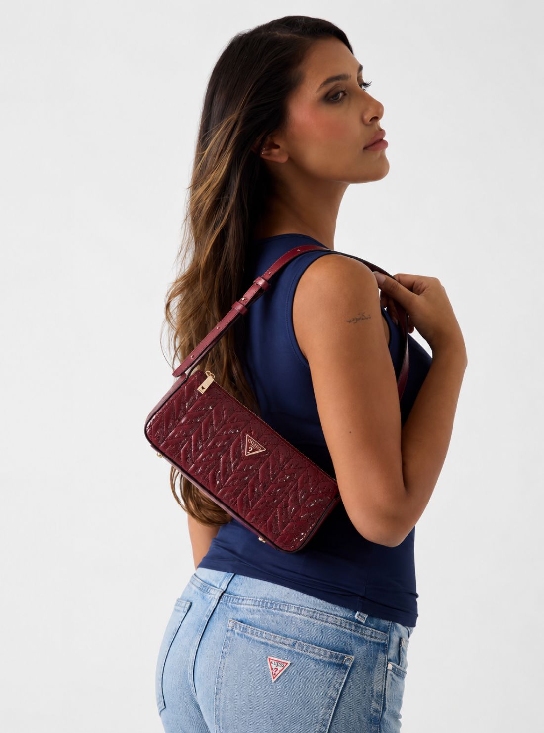 GUESS Womens Red Stacey Mini Shoulder Bag GG974172 Model View