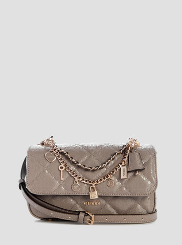 GUESS Womens Dark Taupe Libby Flap Crossbody Bag GG991220 Front View