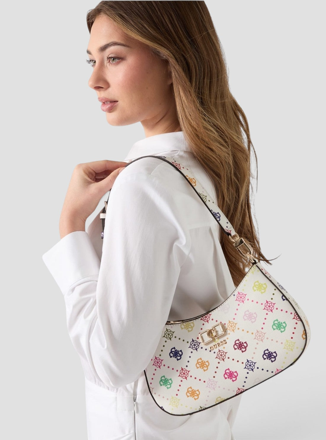 GUESS Womens White Emelie Logo Top Zip Shoulder Bag GM992818 Model View