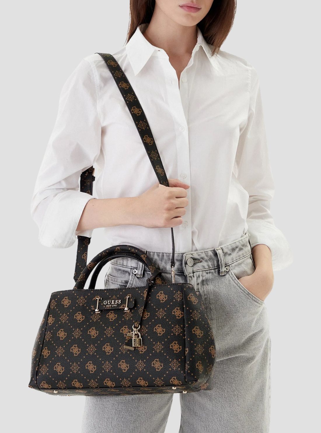 GUESS Womens Brown Logo Carrie Girlfriend Satchel Bag GP989806 Model View