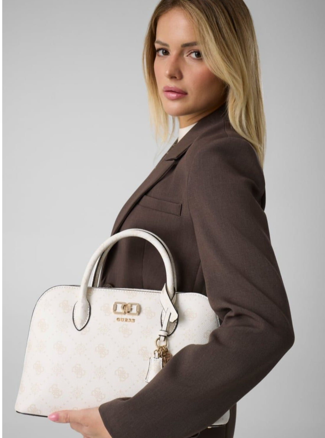 GUESS Womens White Logo Emelie Satchel Bag GP992806 Model View