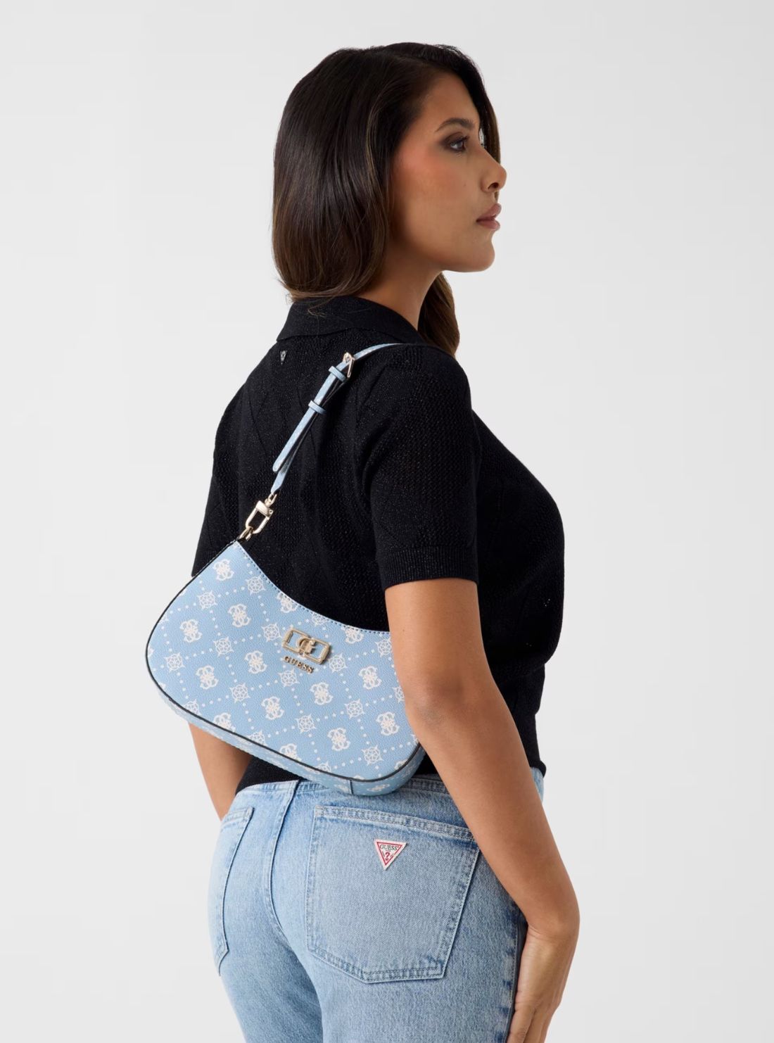 GUESS Womens Light Blue Logo Emelie Top Zip Shoulder Bag GP992818 Model View