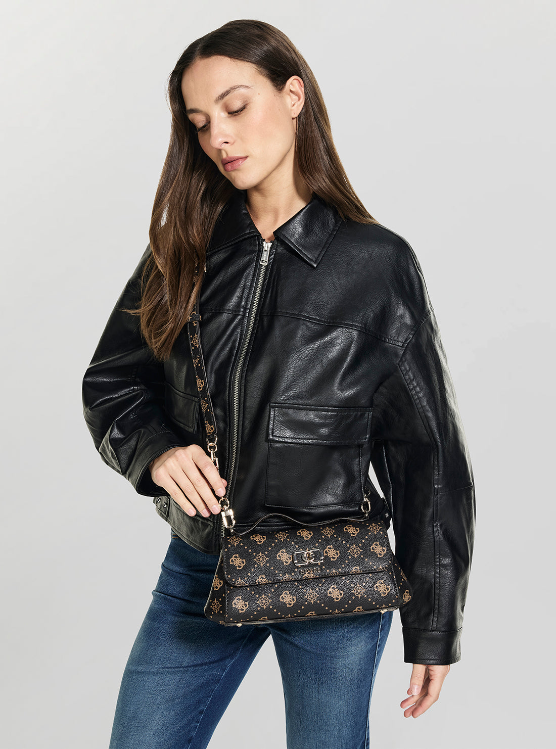 GUESS Womens Espresso Logo Emelie Flap Crossbody Bag GP992819 Model View