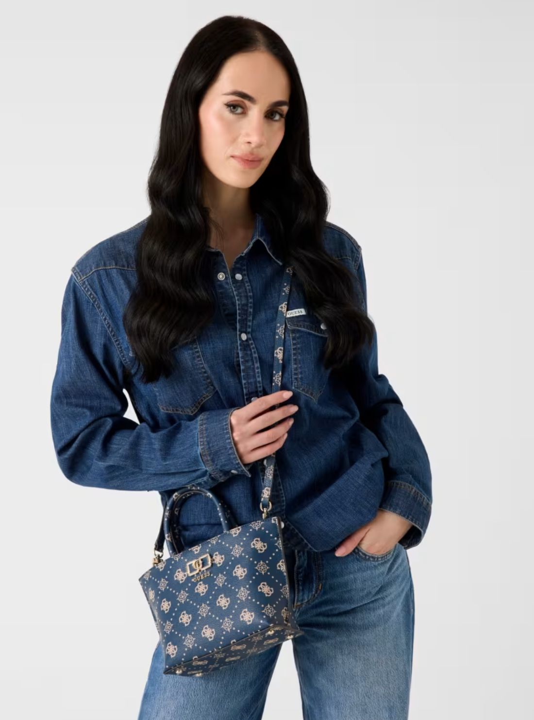 GUESS Womens Blue Logo Emelie Logo Mini Tote Bag GP992875 Model View