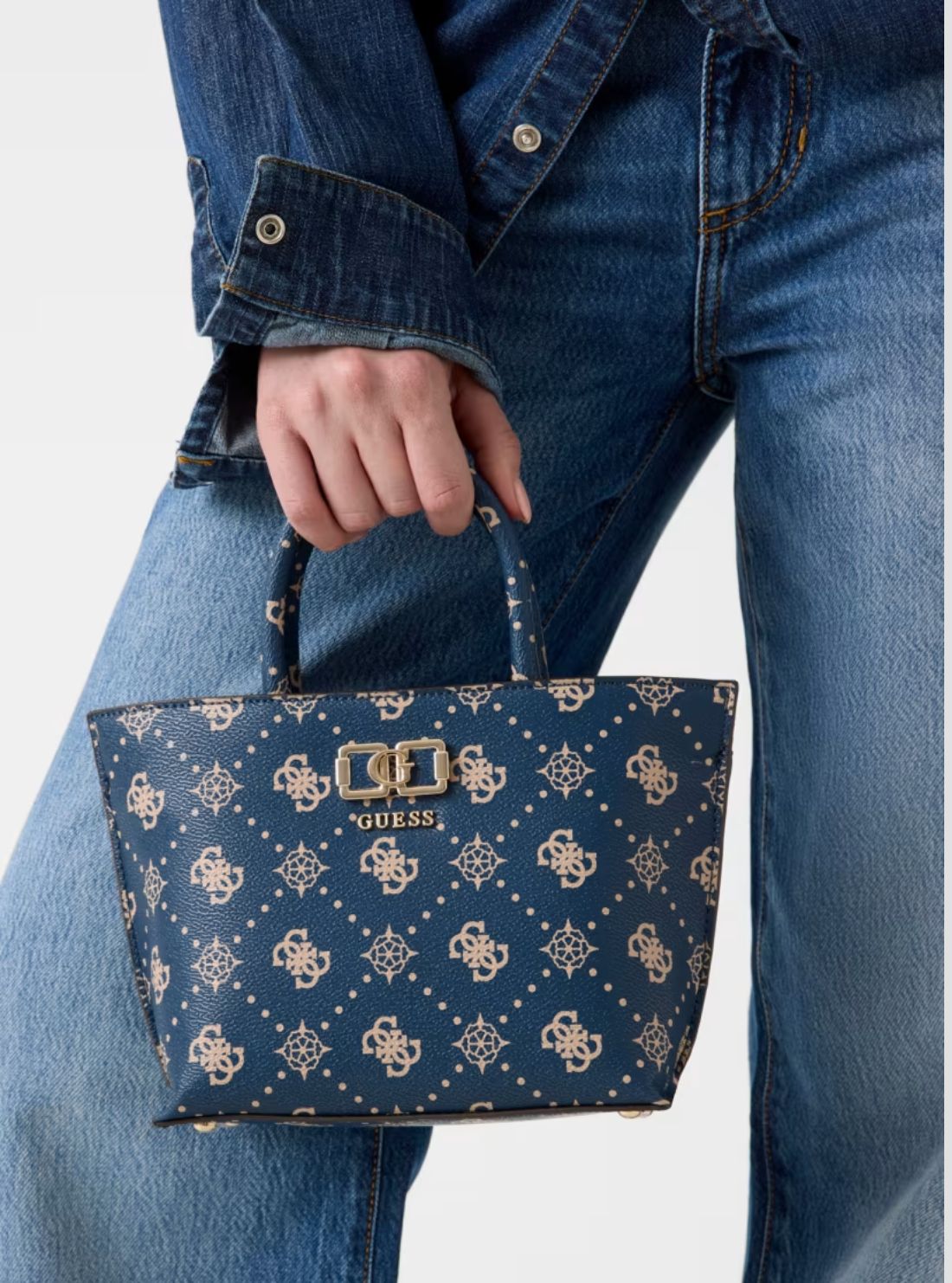GUESS Womens Blue Logo Emelie Logo Mini Tote Bag GP992875 Model View