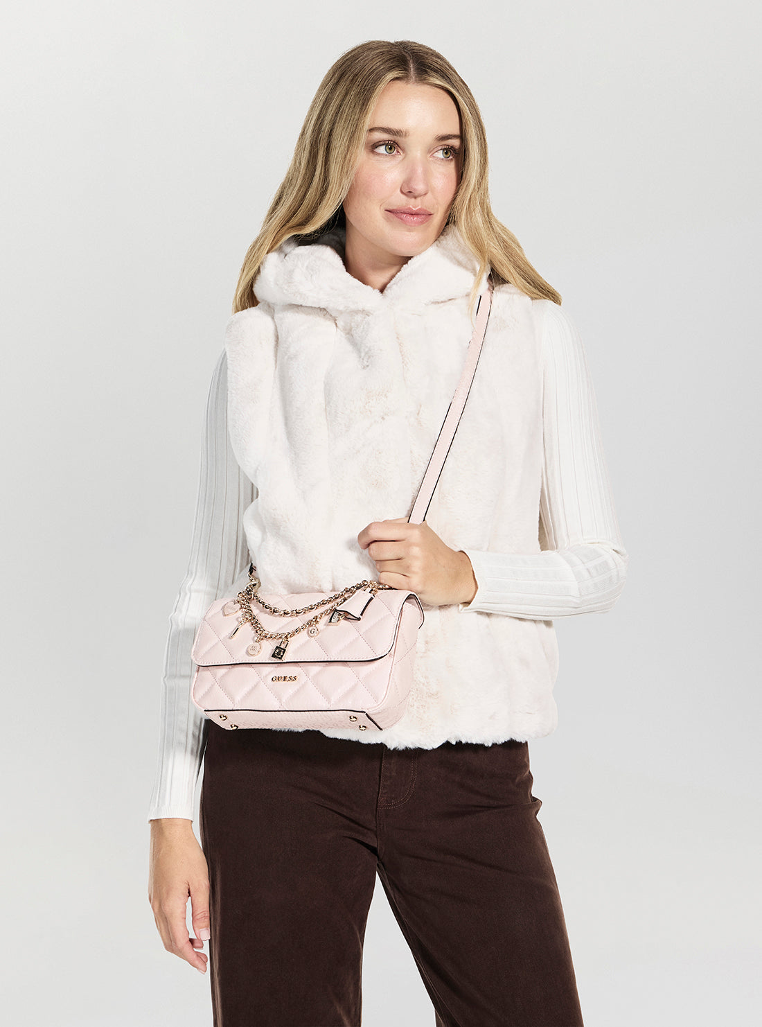 GUESS Womens Pink Libby Flap Crossbody Bag GG991220 Model View