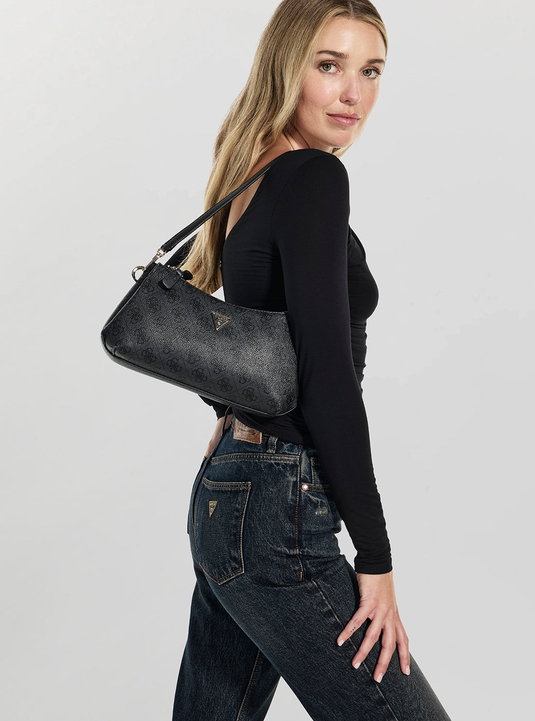 GUESS Womens Black Logo Noelle Shoulder Crossbody Bag BG967273 Model View