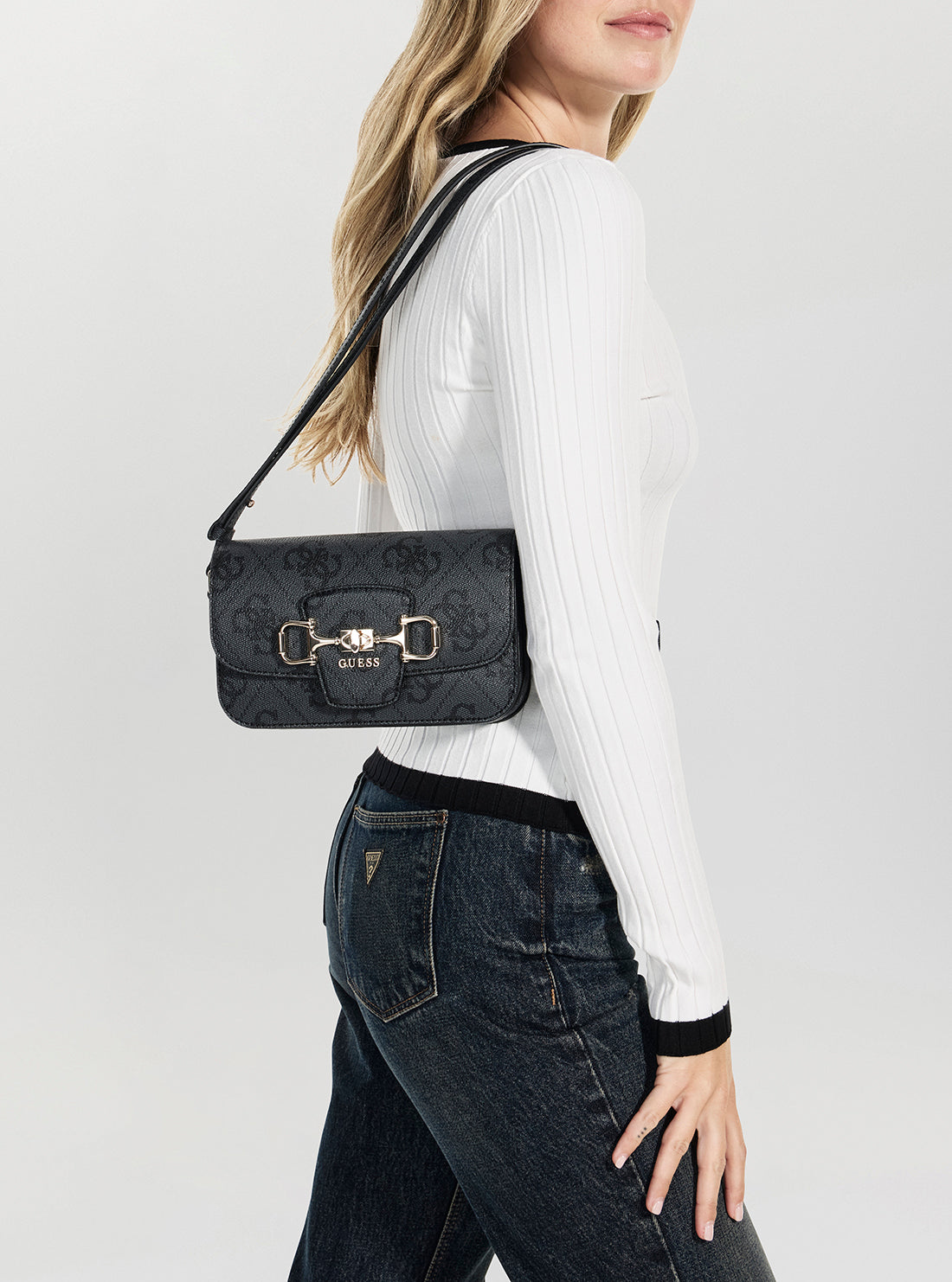 GUESS Womens Black Logo Janie Convertible Crossbody Flap Bag OS992421 Model View