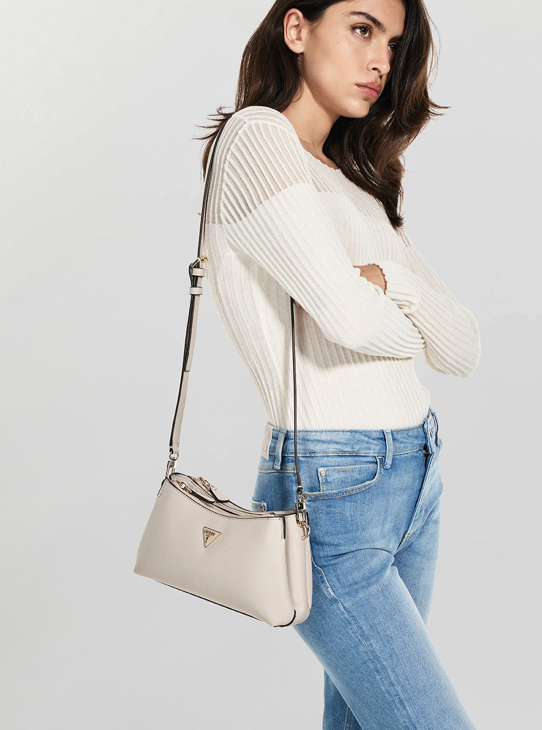 GUESS Womens Taupe Noelle 3 Compartment Shoulder Crossbody Bag ZG967273 Model View