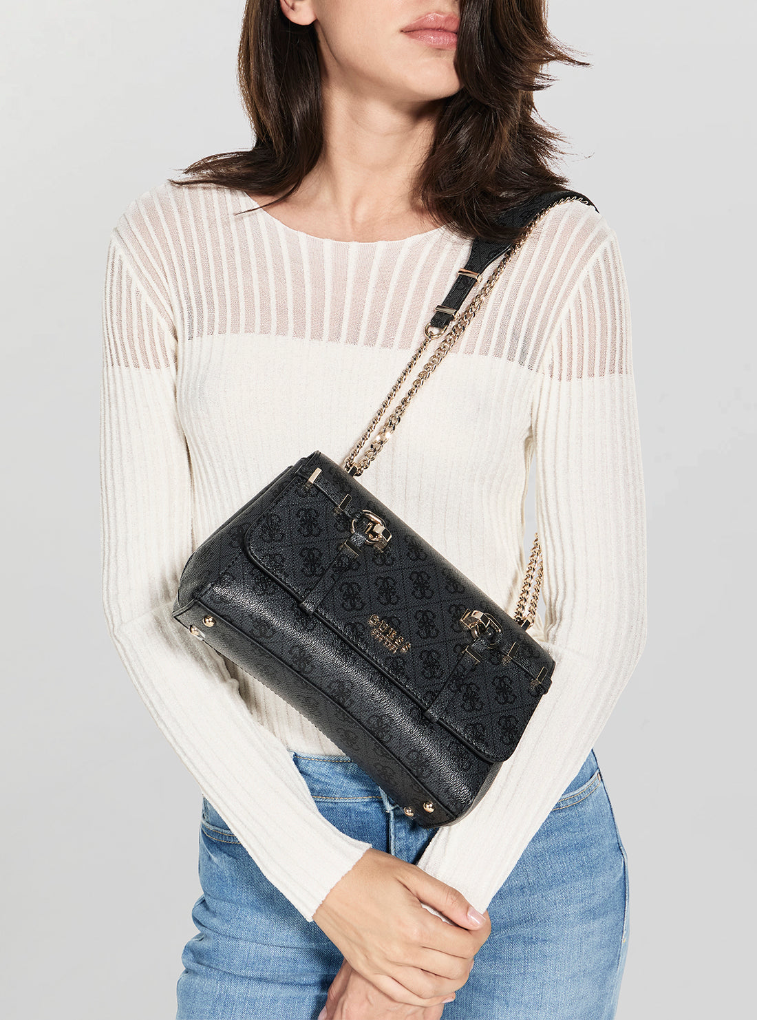 GUESS Womens Black Logo Leona Convertible Crossbody Flap Bag SG991721  Model View