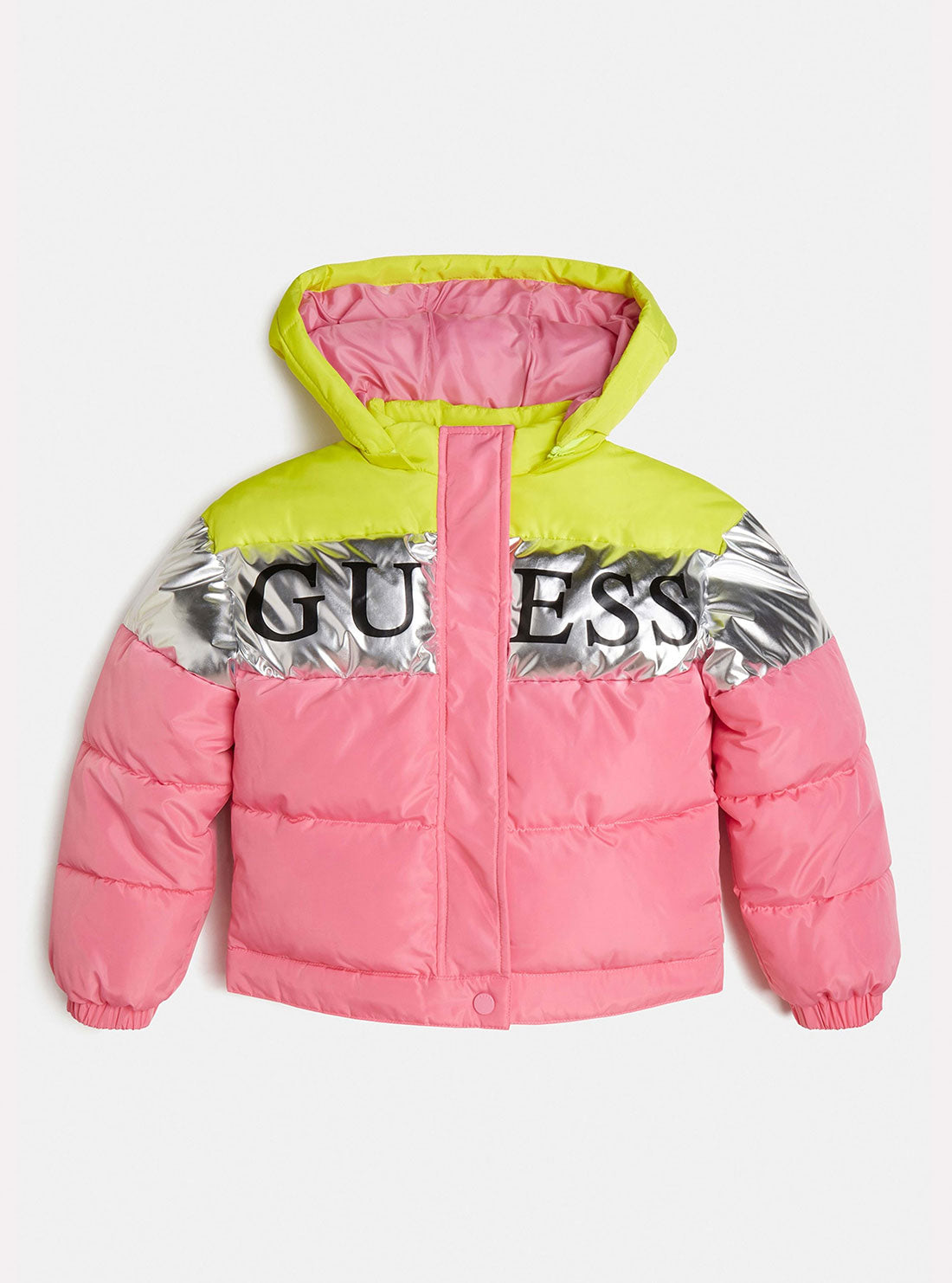 GUESS Big Girl Silver Pink Multi Logo Puffer Jacket (7-16) J2BL12WB240 Front View