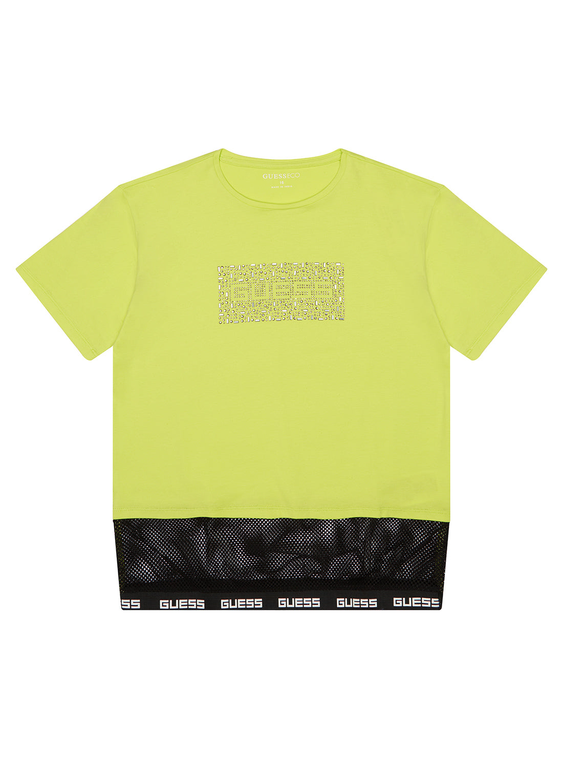 GUESS Big Girl Yellow Rhinestone Logo Mesh T-Shirt (7-16) J2BI43J1313 Front View
