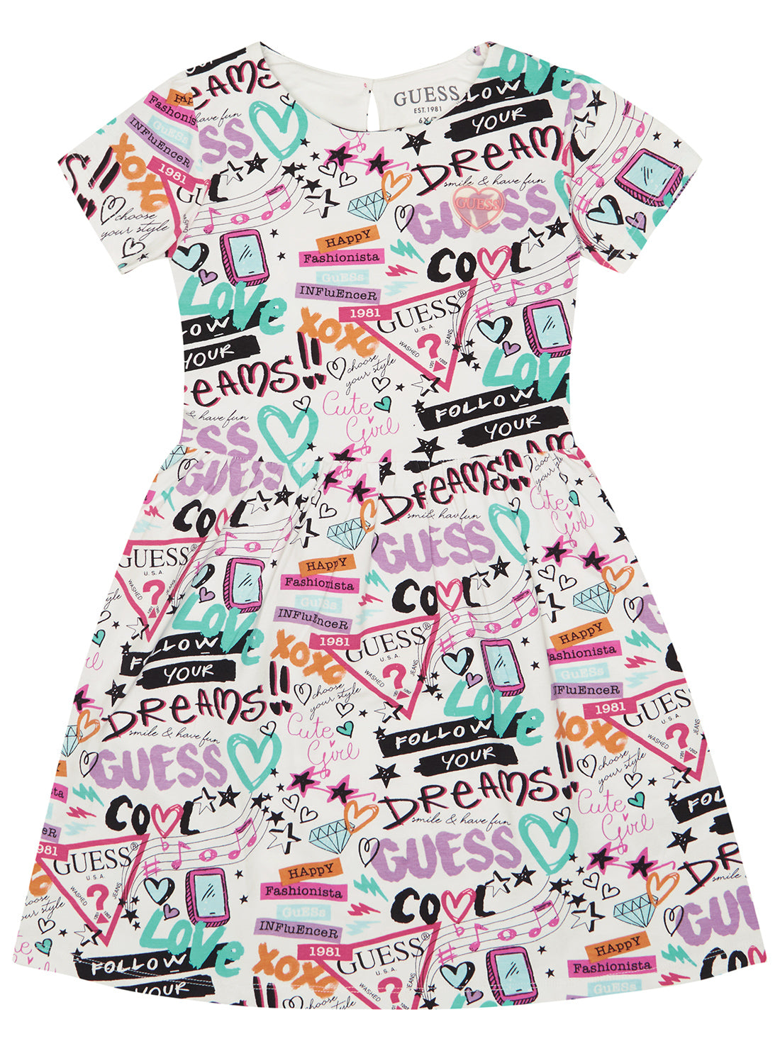 GUESS Little Girl White Graffiti Print Logo Dress (2-7) K3RK00J1313 Front View
