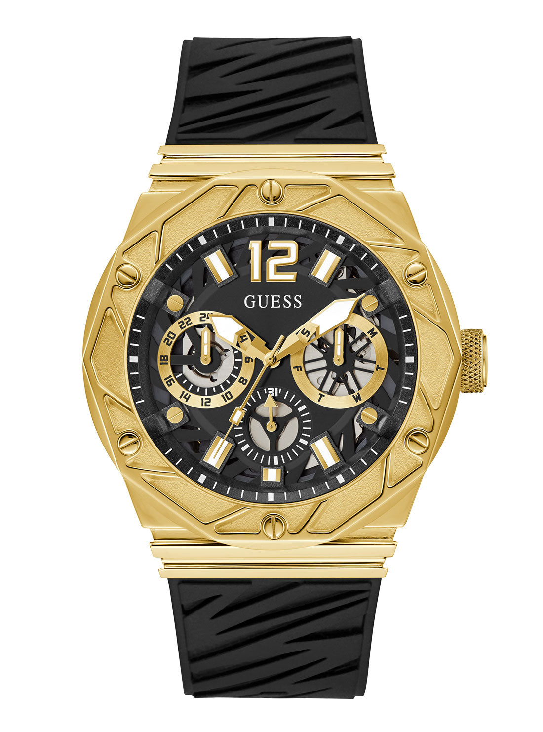 GUESS Men's Black Gold Rival Silicone Watch GW0634G2 Front View