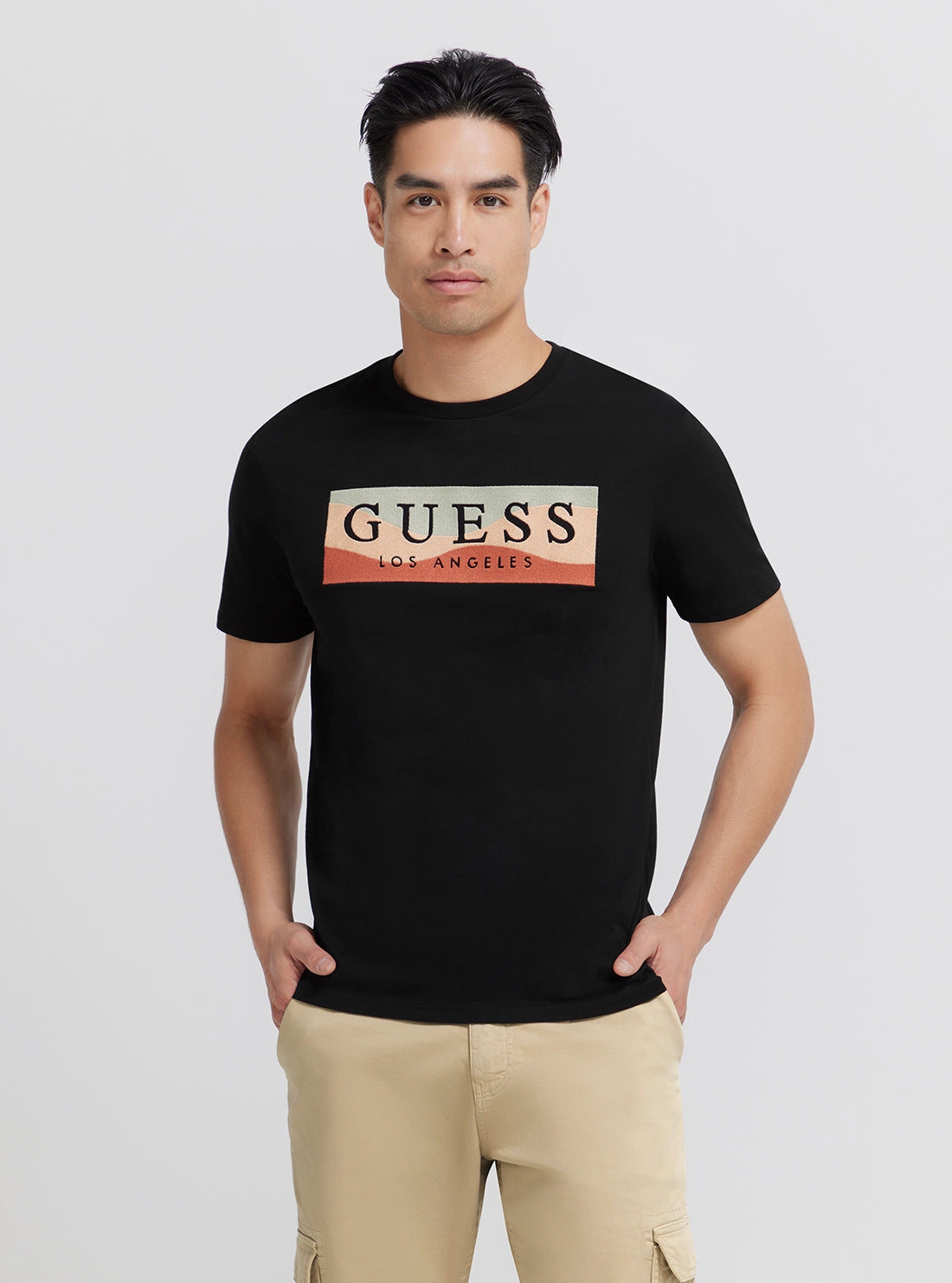 GUESS Men's Eco Black Embroidered Wave Logo T-Shirt M3YI90K9RM1 Front View