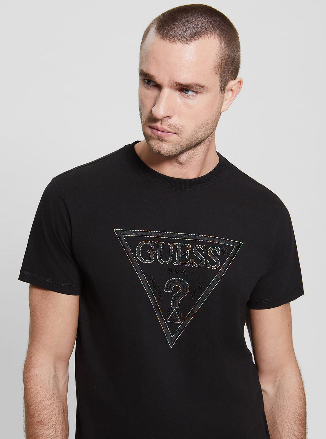 GUESS Men's Eco Black Moisey Logo Embroidered T-Shirt M3RI15K8FQ4 Detail View