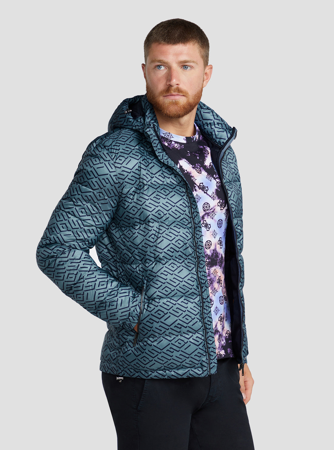 GUESS Men's Eco Blue Logo Super Light Puffer Jacket M3RL45WF4G2 Side View