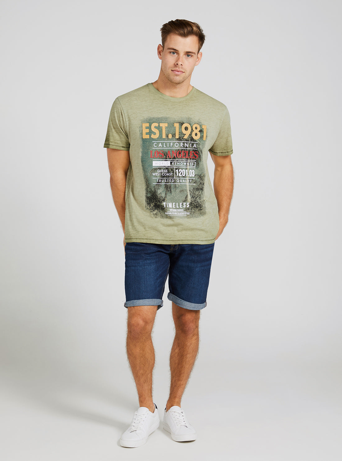 GUESS Men's Eco Khaki Cold Dye Palm T-Shirt M3GI17K6XN4 Full View