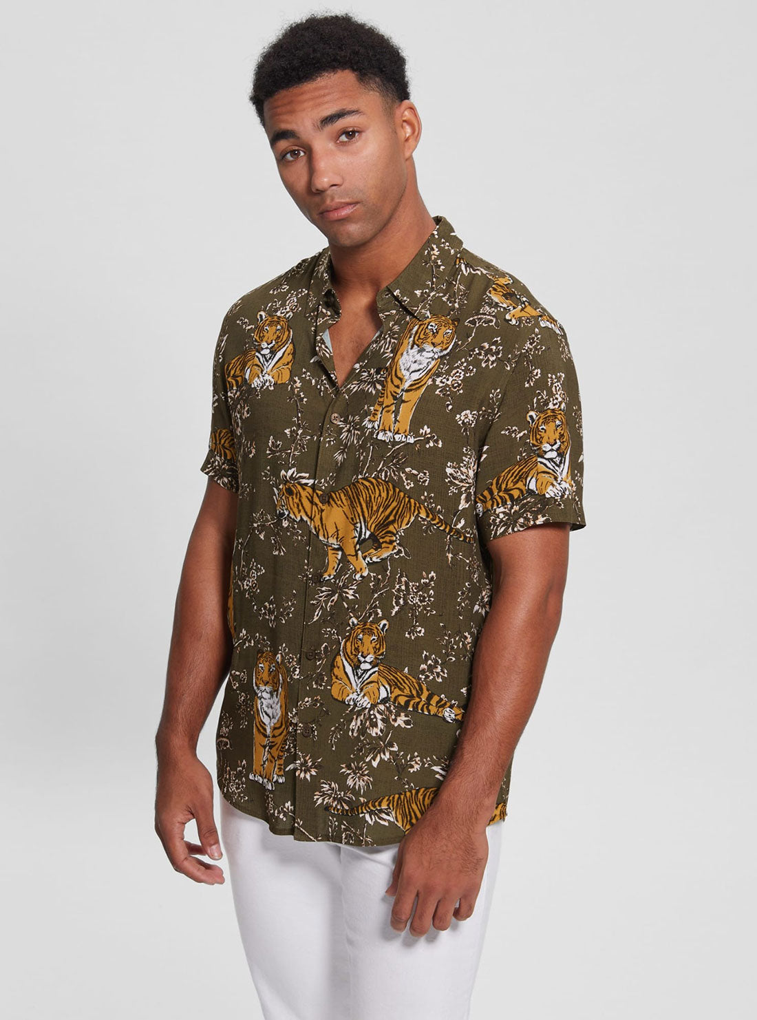GUESS Men's Eco Tiger Jungle Rayon Shirt M3RH06WD4Z2 Front View
