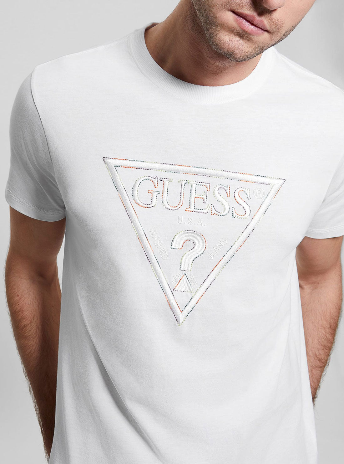 GUESS Men's Eco White Moisey Logo Embroidered T-Shirt M3RI15K8FQ4 Detail View