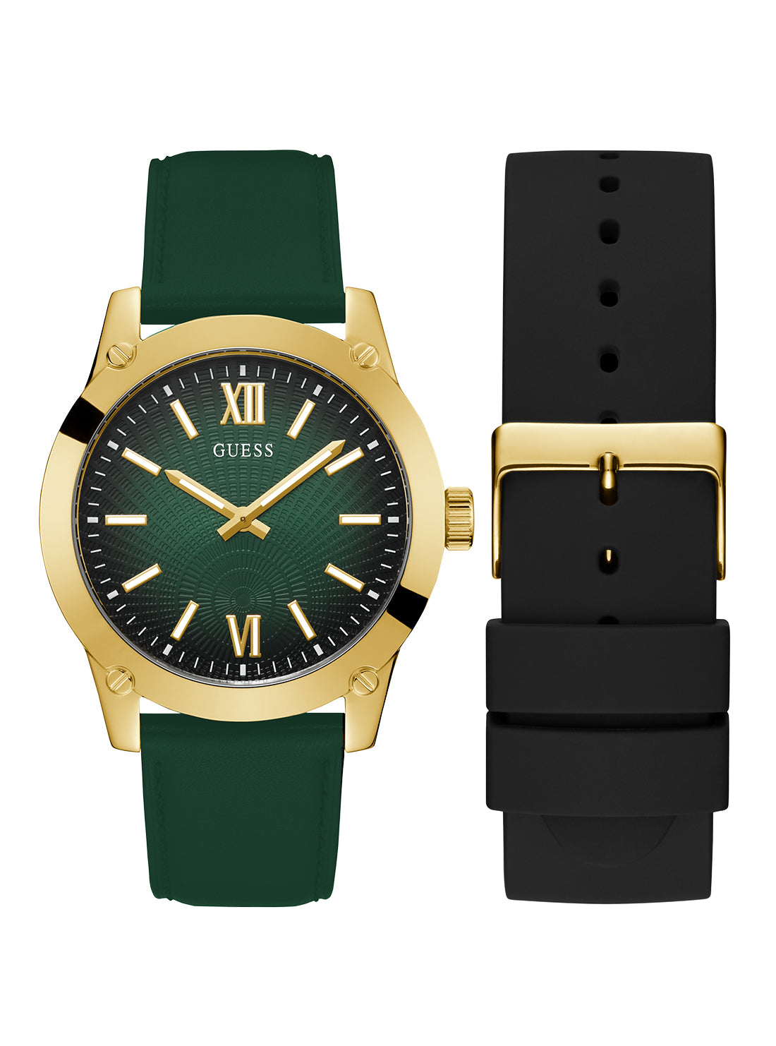 GUESS Men's Green Gold Crescent Silicone Watch GW0630G2 Front and Back View