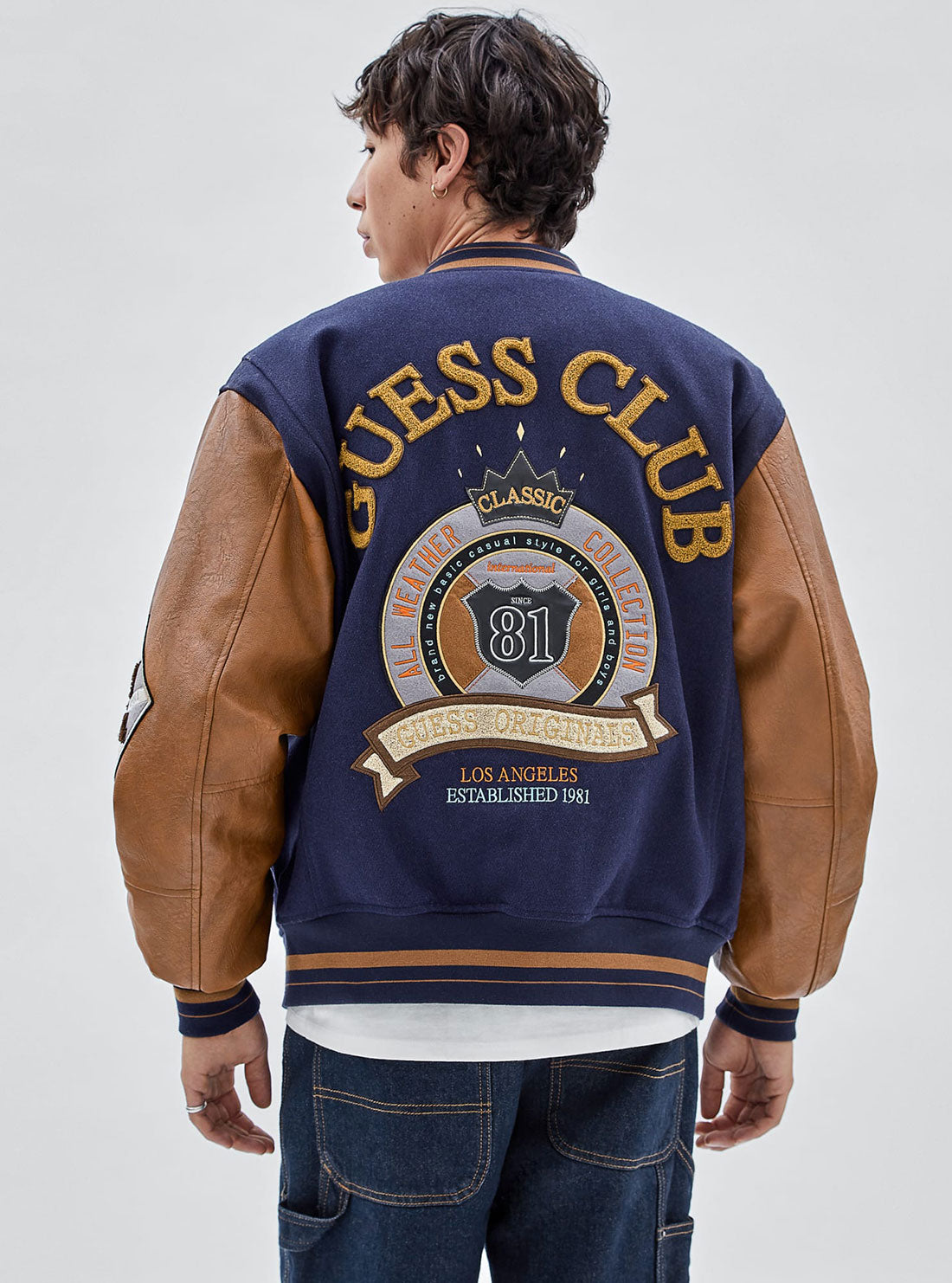 GUESS Men's Guess Originals Blue Club Varsity Jacket M2RL30WEI00 Back View