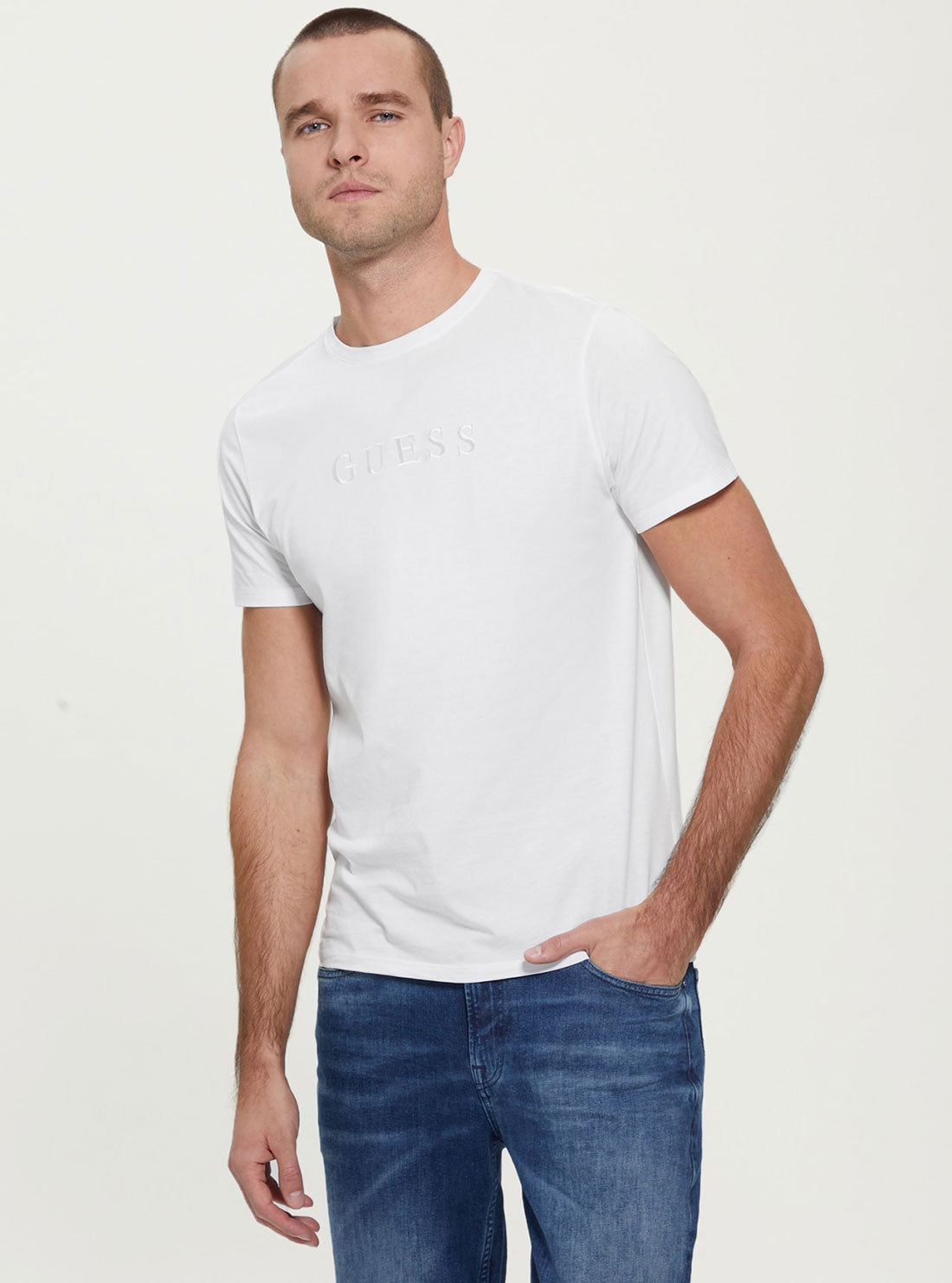 GUESS Men's White Pima Logo T-Shirt M2BP47K7HD0 Front View