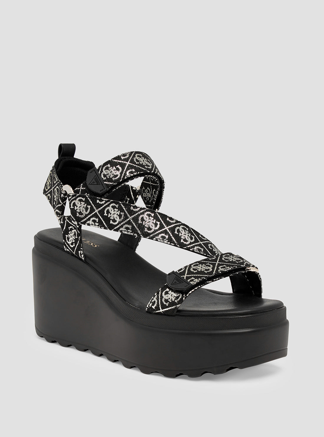 GUESS Women's Black Ocilia Logo Wedge Sandal OCILIA2 Angle View