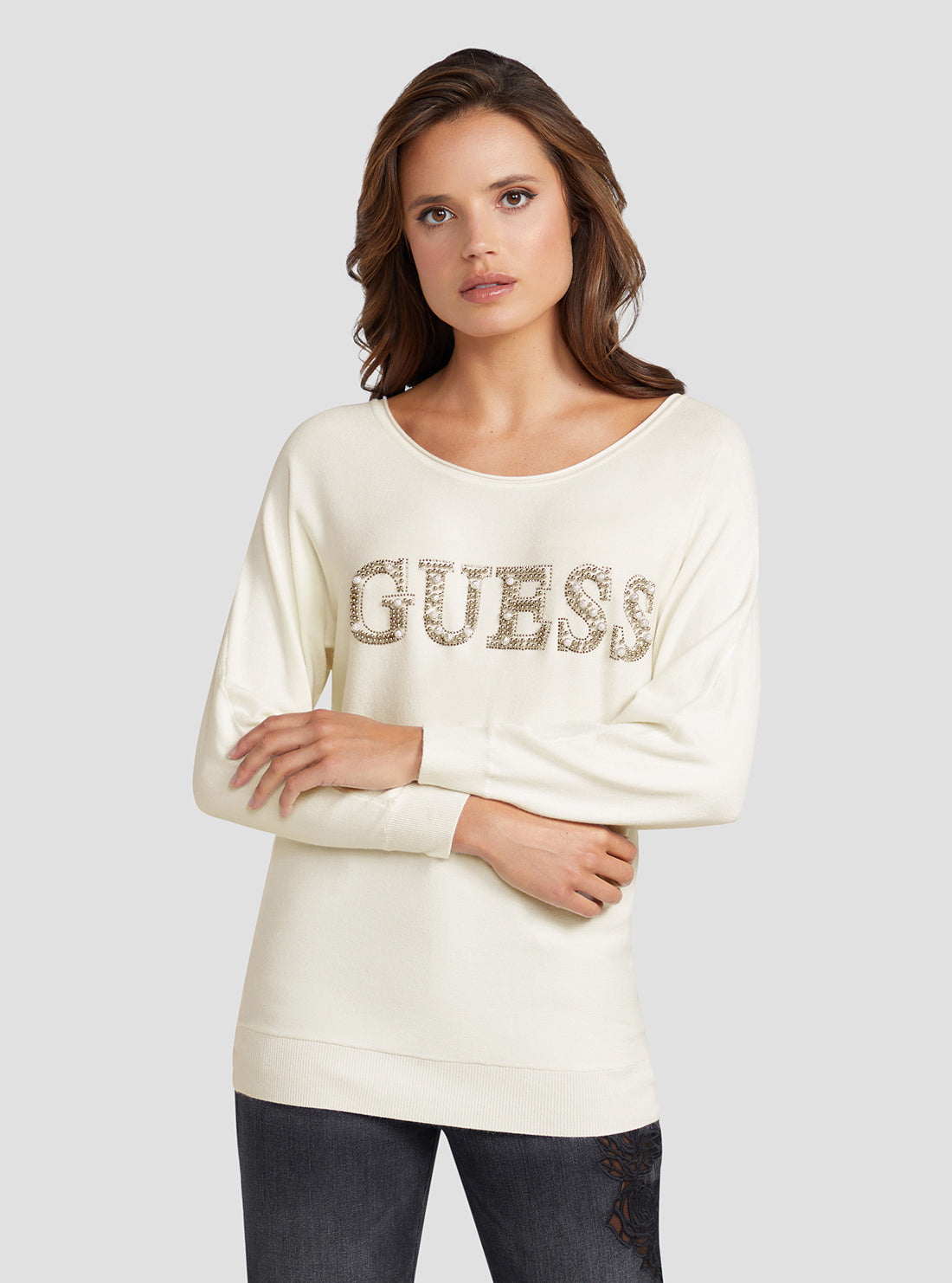 GUESS Women's Cream White Gabrielle Embellished Logo Jumper W3RR47Z2NQ2 Front View