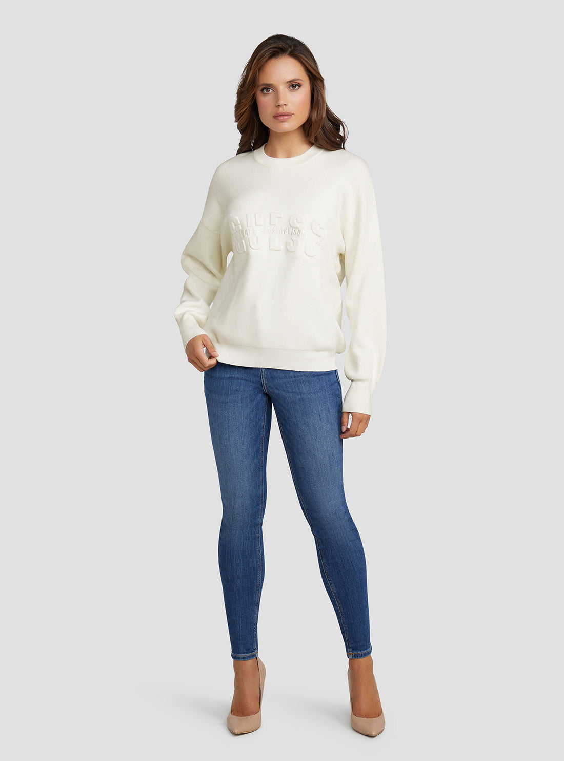 GUESS Women's Cream White Odette Logo Jumper W3RR50Z26I0 Full View