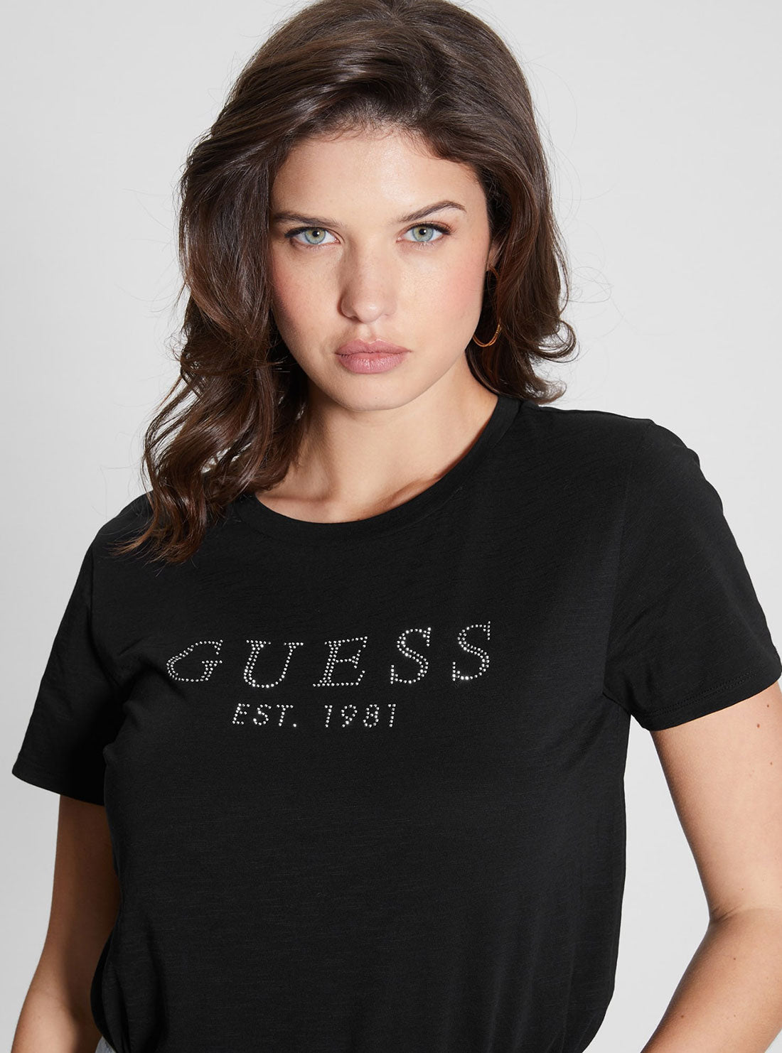 GUESS Women's Eco Black 1981 Crystal Logo T-Shirt W3GI76K8G01 Close View