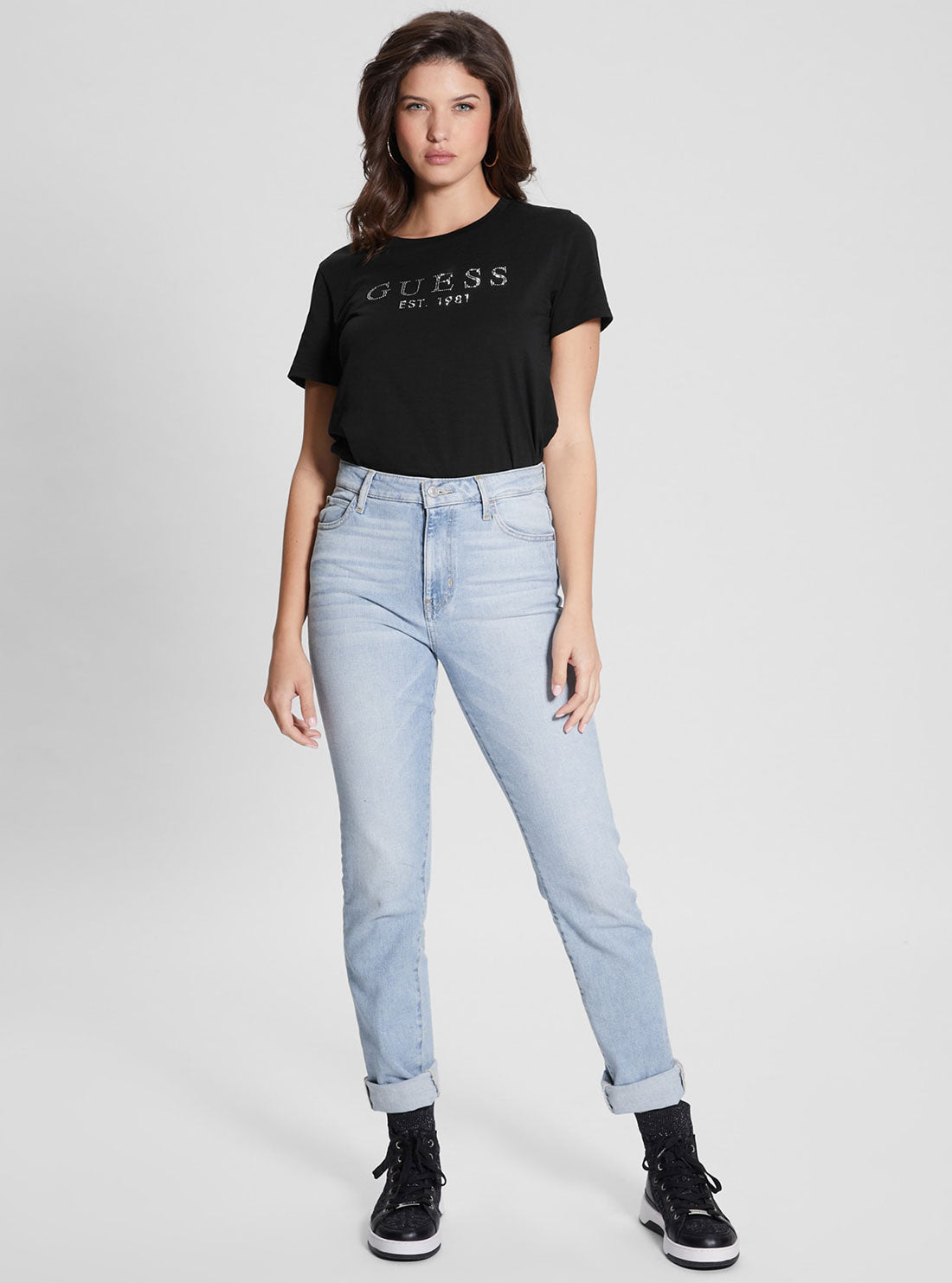 GUESS Women's Eco Black 1981 Crystal Logo T-Shirt W3GI76K8G01 Full View