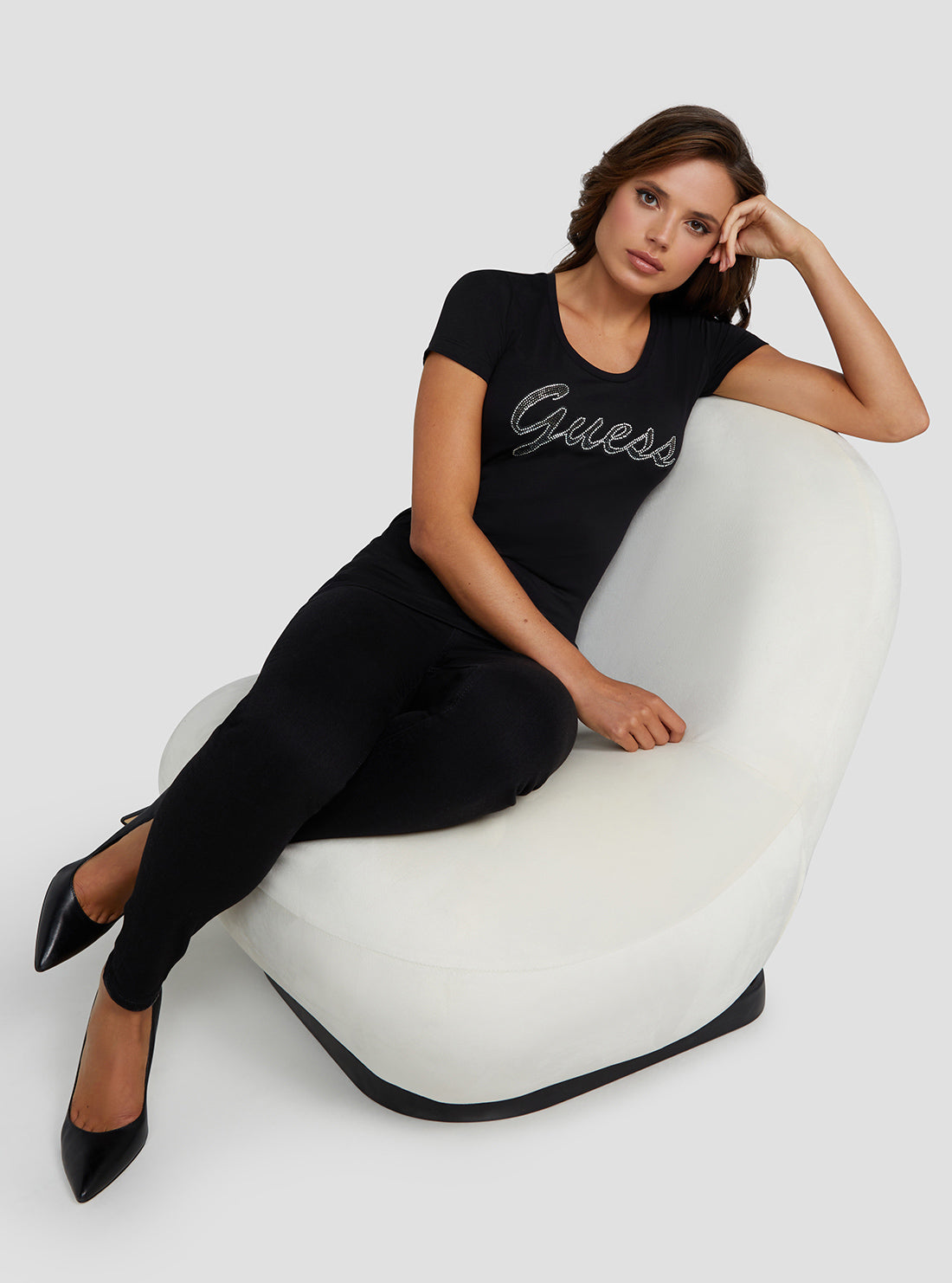 GUESS Women's Eco Black Adriana Logo T-Shirt W3RI50J1314 Seated View