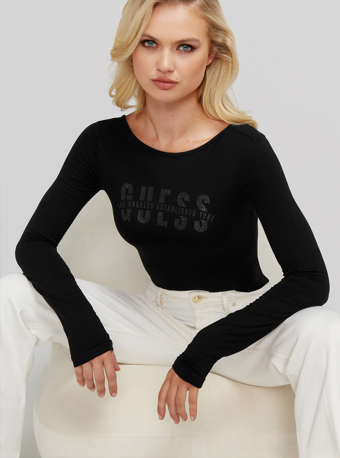 GUESS Women's Eco Black Ester Logo Bodysuit W3RP28K68D2 Seated View
