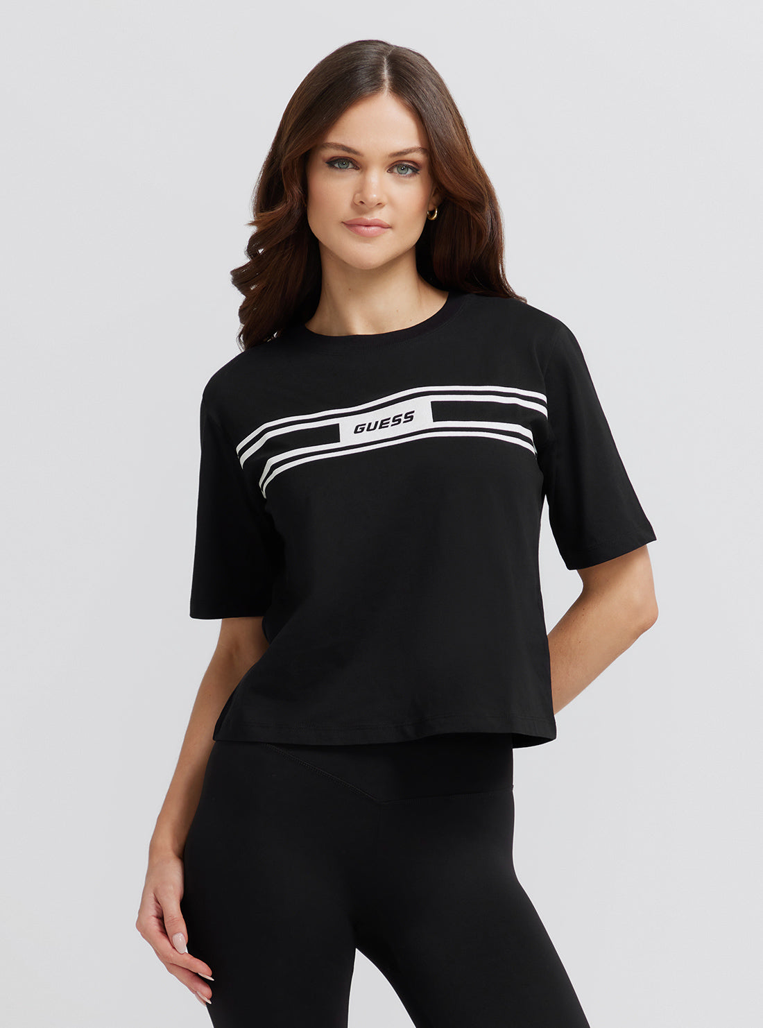 GUESS Women's Eco Black Euphemia Logo Active T-Shirt V3YI12I3Z14 Front View