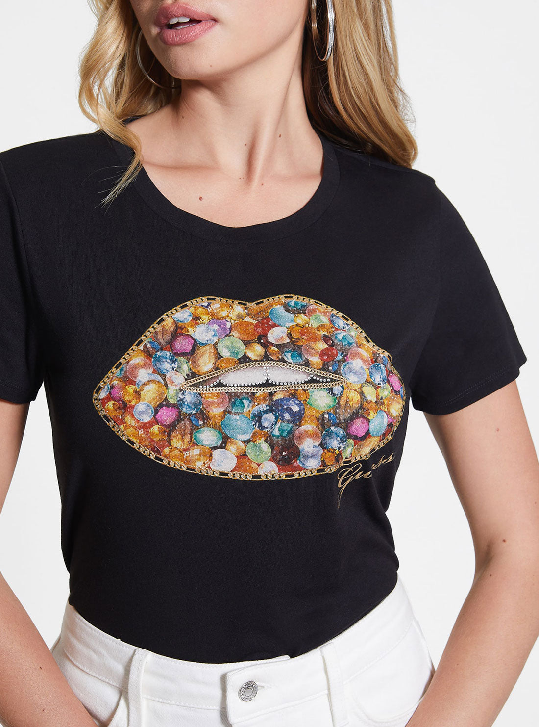 GUESS Women's Eco Black Jewel Lips T-Shirt W3RI04K9SN1 Detail View