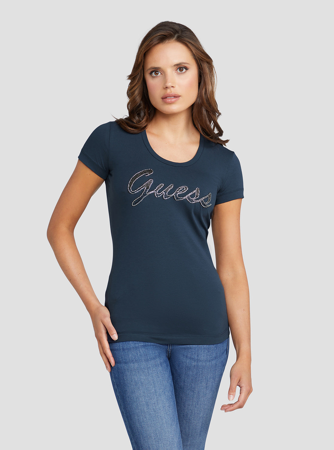 GUESS Women's Eco Blackened Blue Adriana Logo T-Shirt W3RI50J1314 Front View