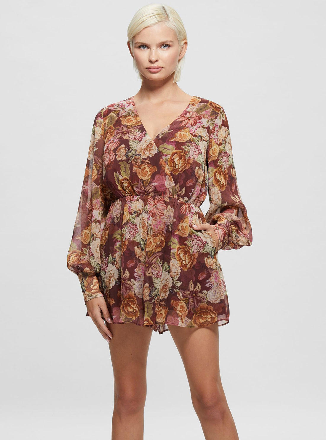 GUESS Women's Eco Floral Tapestry Print Candis Romper W3RD28WDWT2 Front View