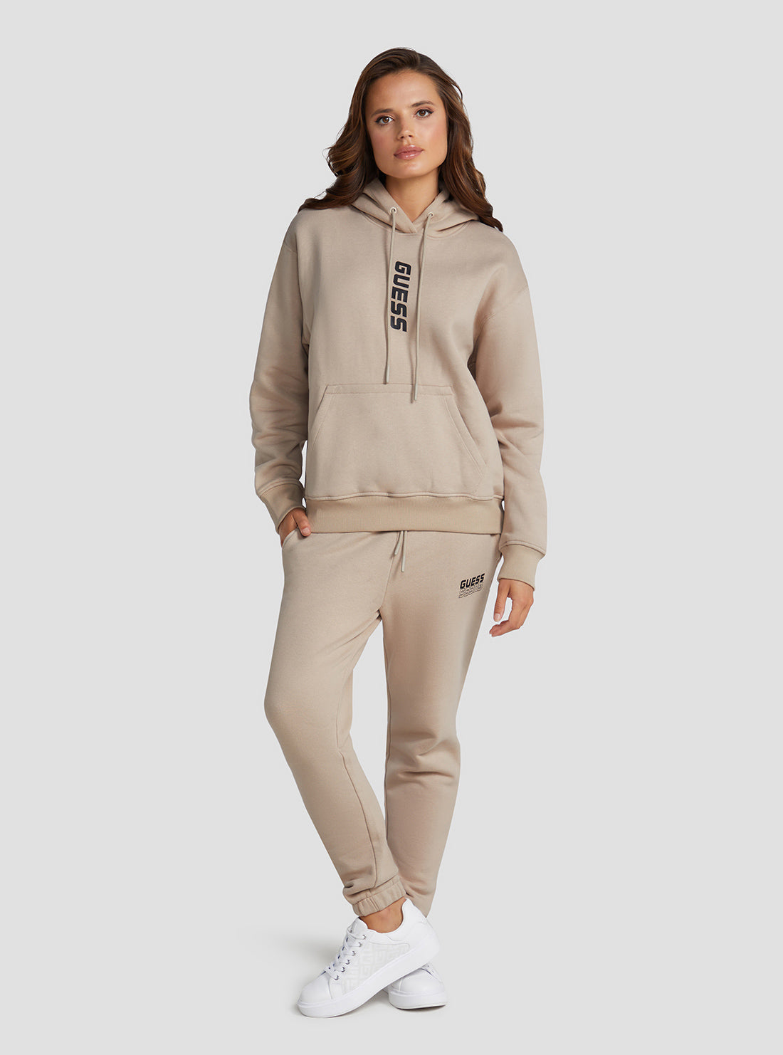 GUESS Women's Eco Gold Beige Alisha Active Hooded Jumper V2BQ12K9V34 Full View