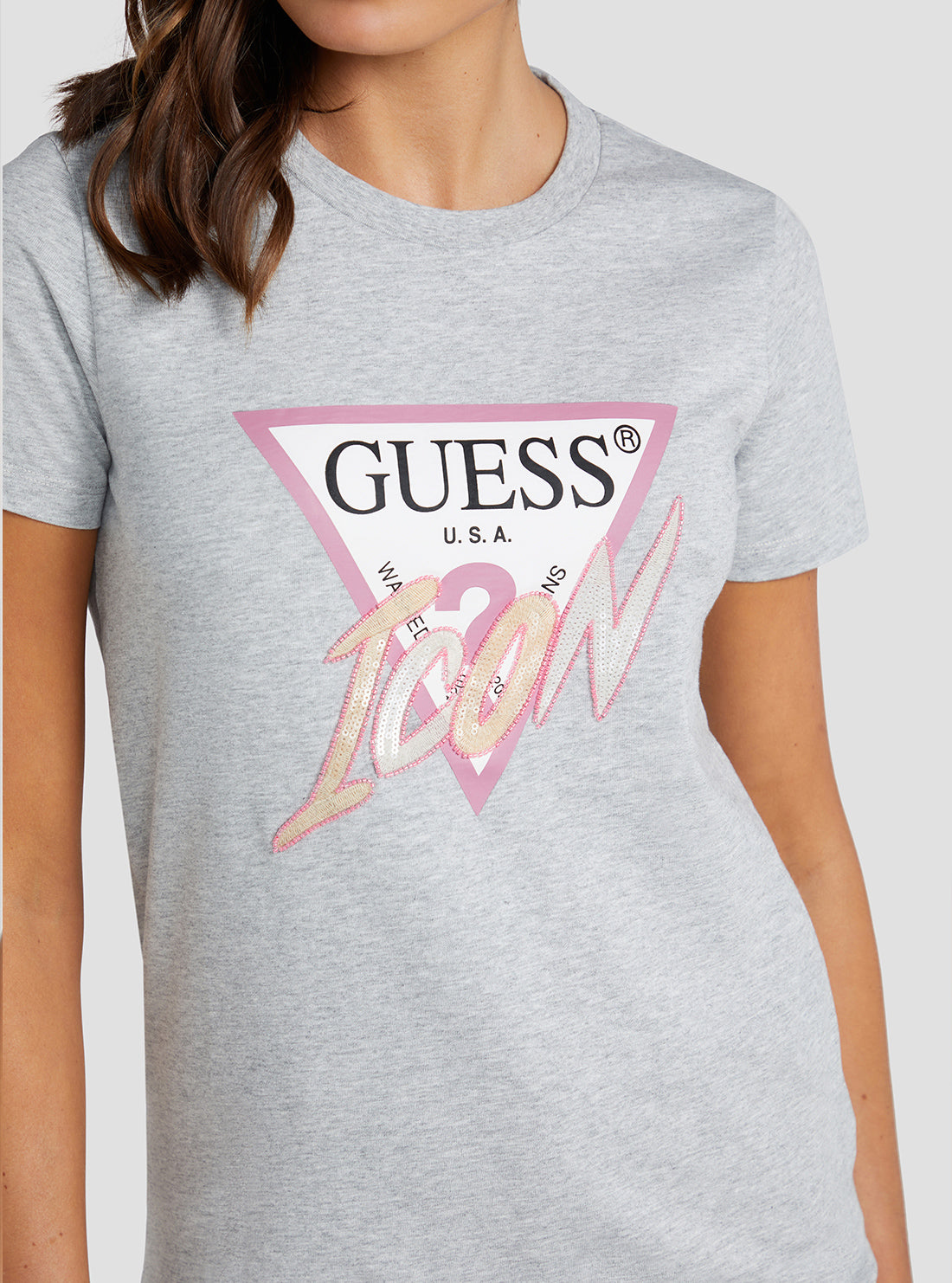 GUESS Women's Eco Grey Sequin Icon Logo T-Shirt W3RI12I3Z14 Detail View