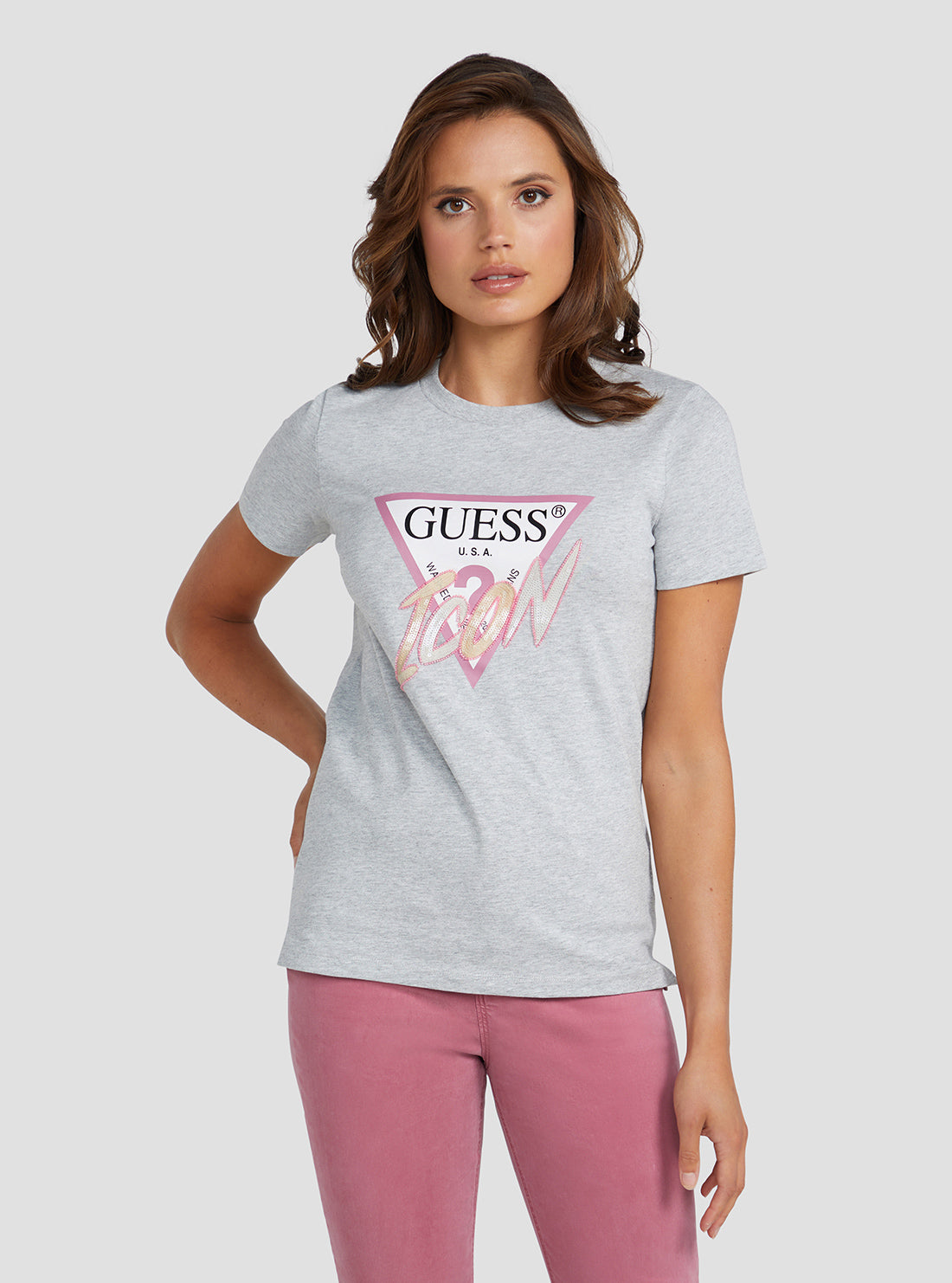 GUESS Women's Eco Grey Sequin Icon Logo T-Shirt W3RI12I3Z14 Front View