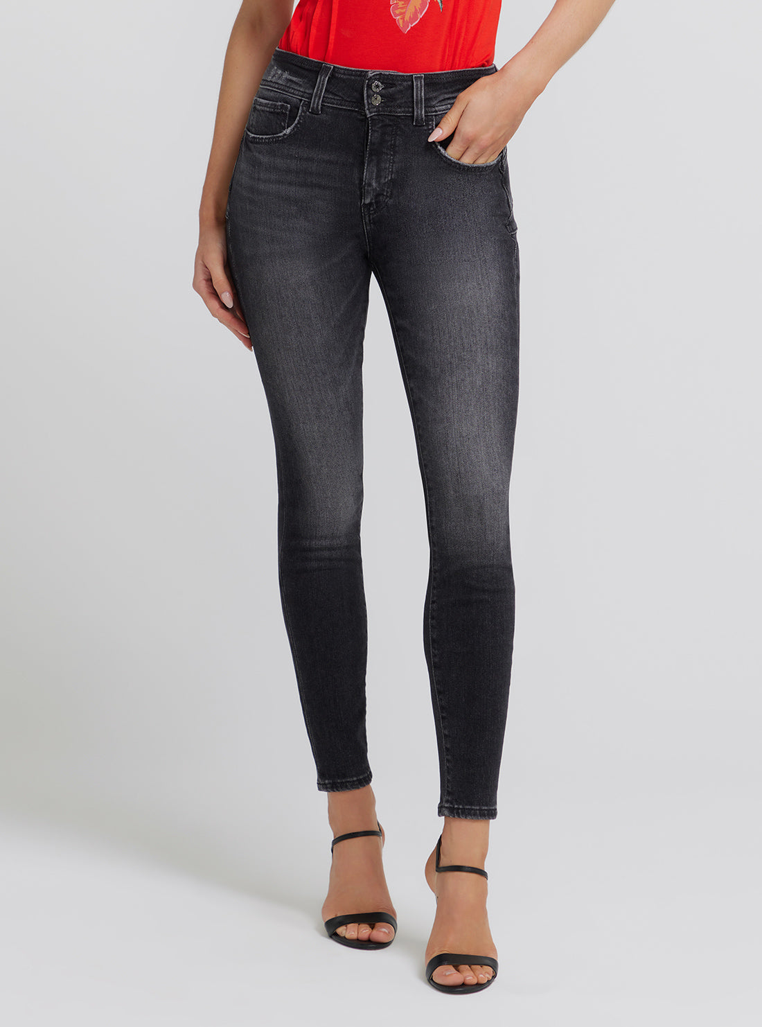 GUESS Women's Eco Mid-Rise Shape Up Denim Jeans In Station Black Wash W3YA35D52T2 Front View