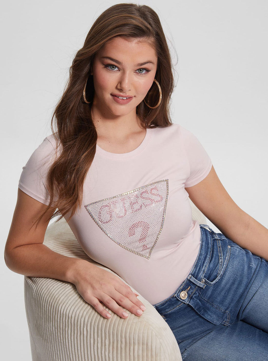 GUESS Women's Eco Pink Crystal Logo T-Shirt W3RI05KA0Q1 Seated View