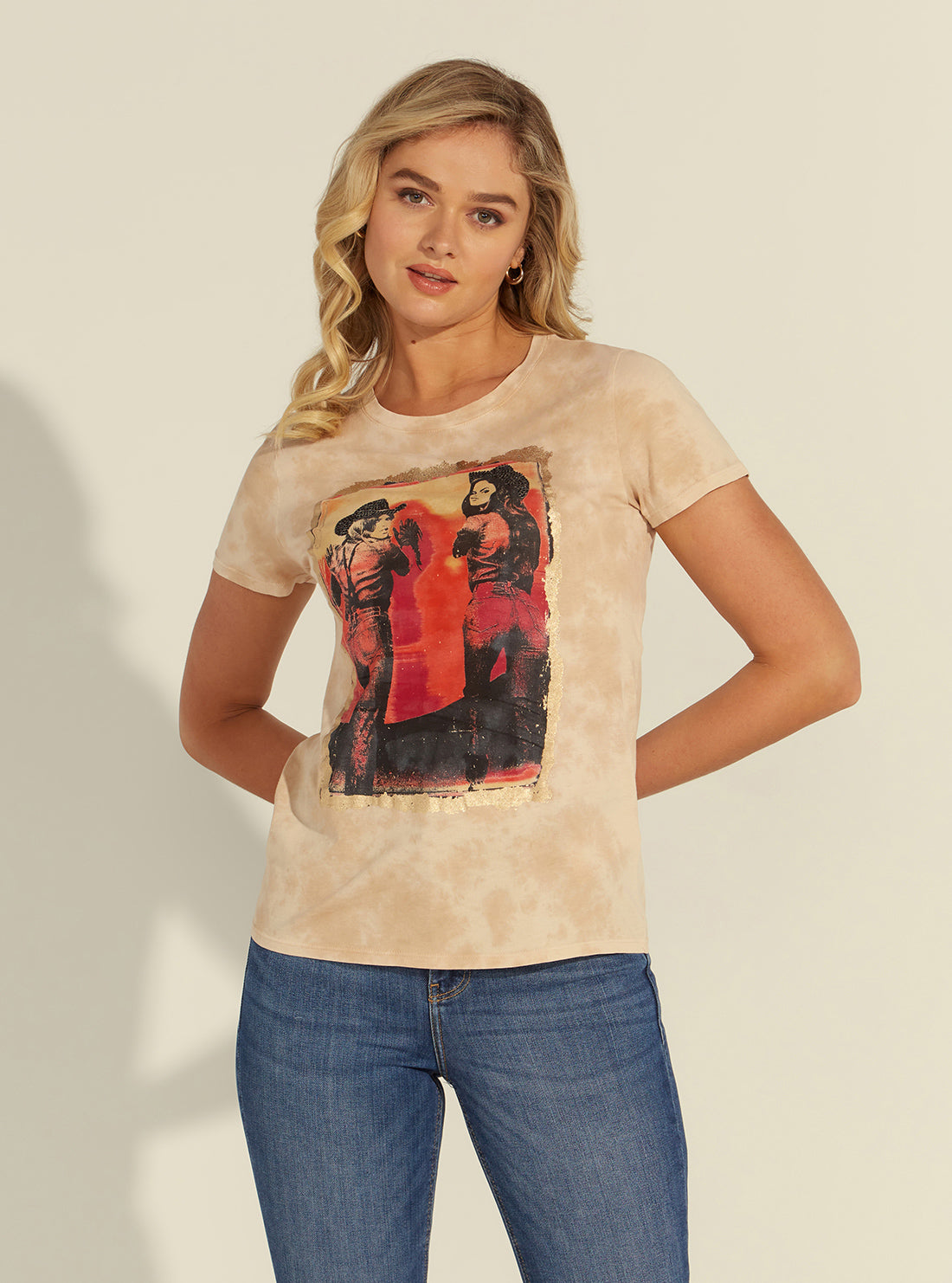 GUESS Women's Eco Tea Wash Multi Rhinestone Cowgirl Esy T-Shirt W2BI55K9RM3 Front View