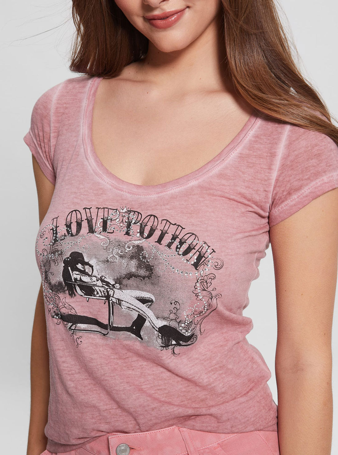 GUESS Women's Eco Vintage Blush Love Potion T-Shirt W3RI08K9SN1 Detail View