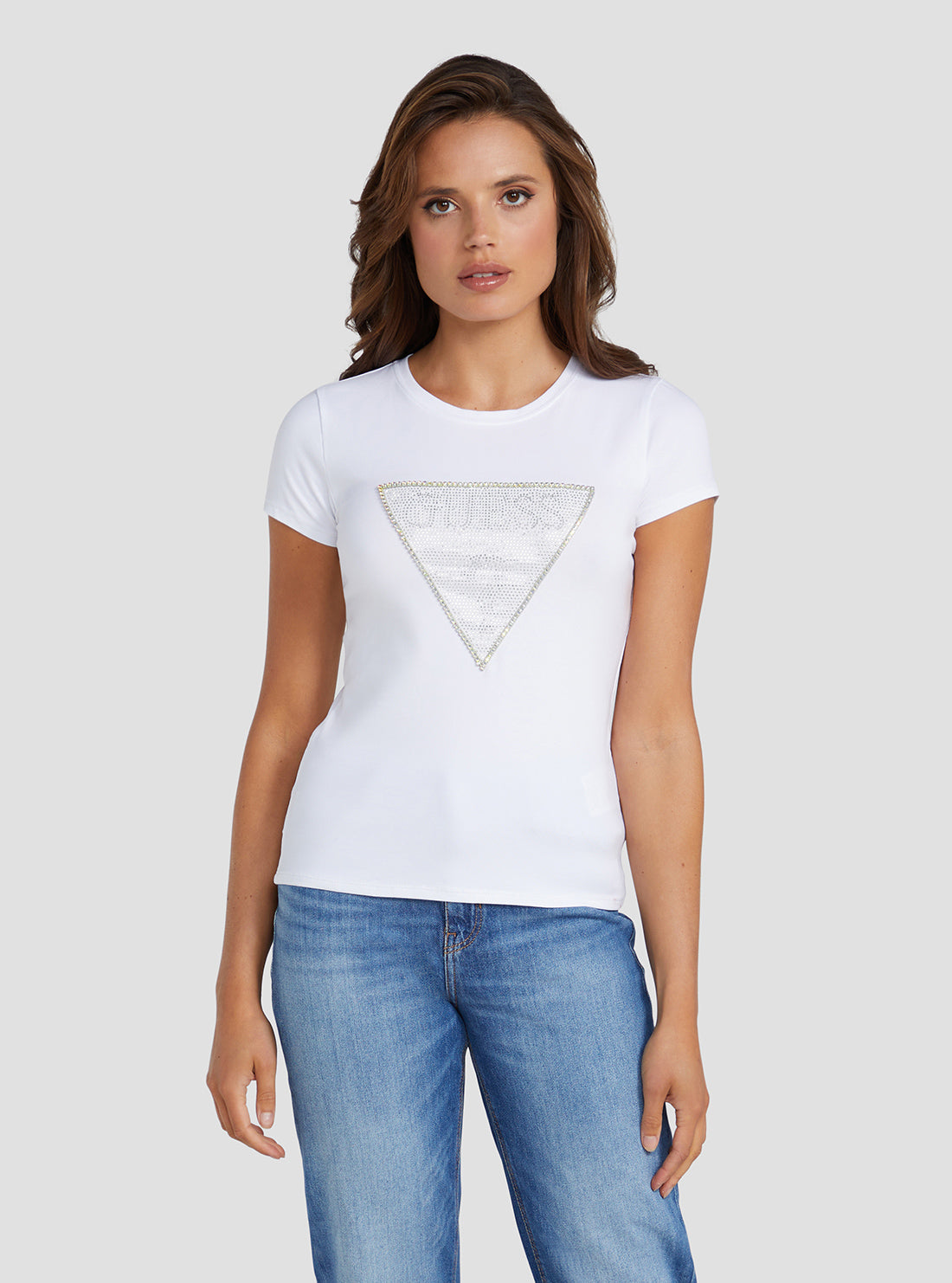 GUESS Women's Eco White Crystal Logo T-Shirt W3RI05KA0Q1 Front View