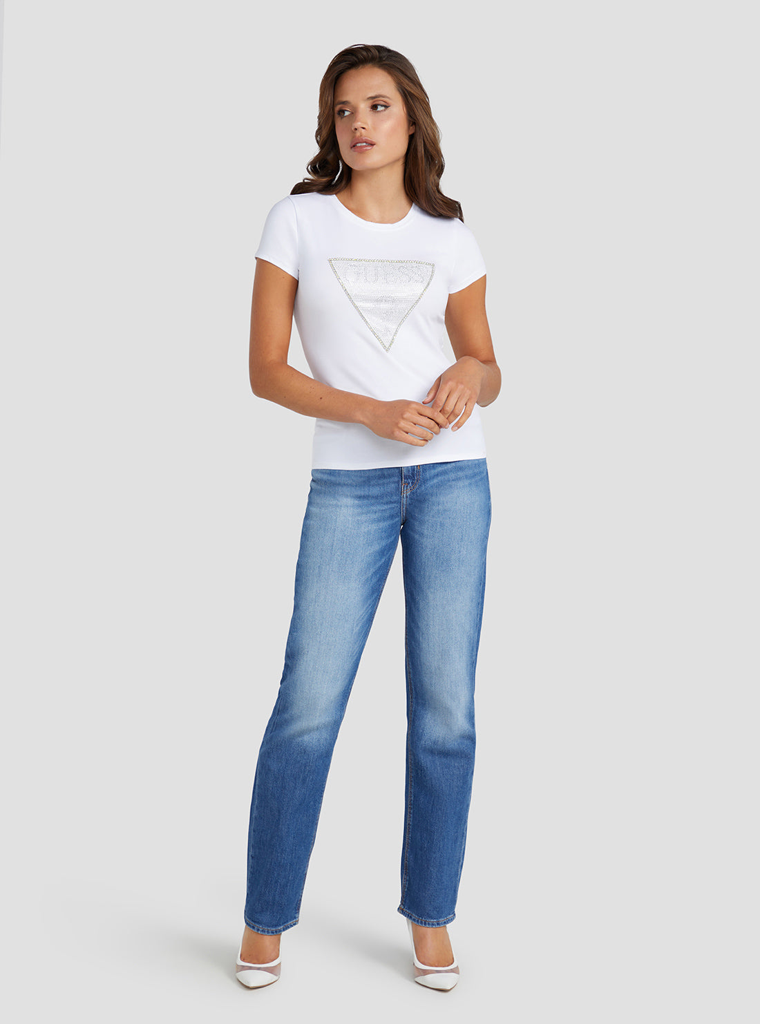 GUESS Women's Eco White Crystal Logo T-Shirt W3RI05KA0Q1 Full View