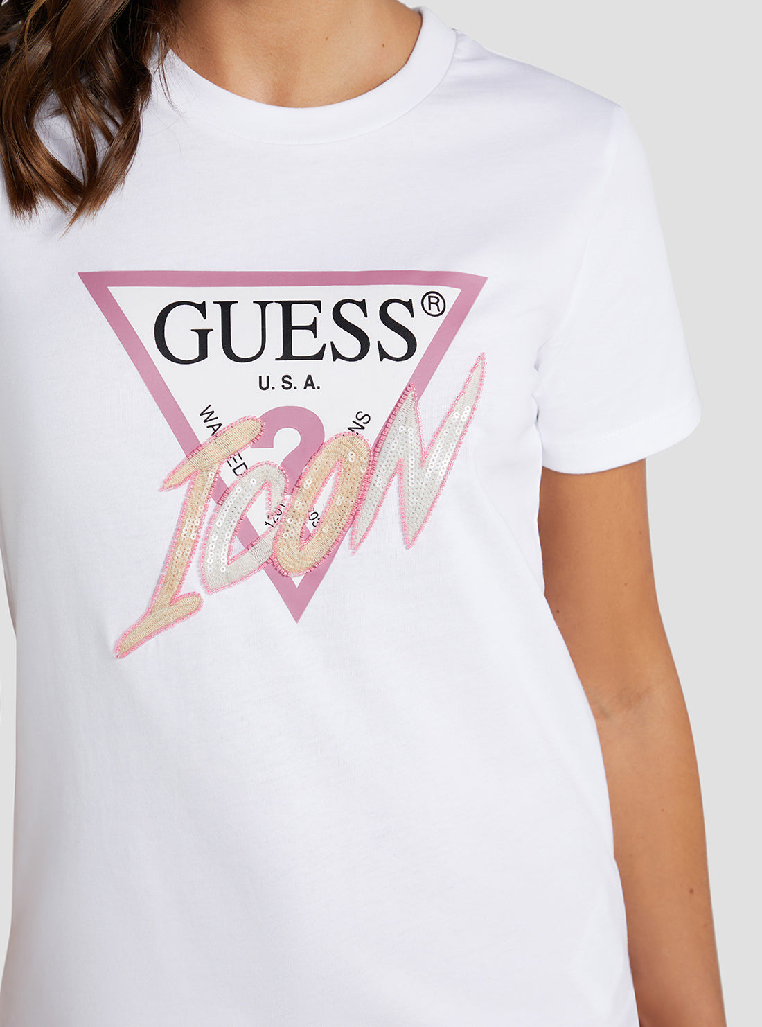 GUESS Women's Eco White Sequin Icon Logo T-Shirt W3RI12I3Z14 Detail View