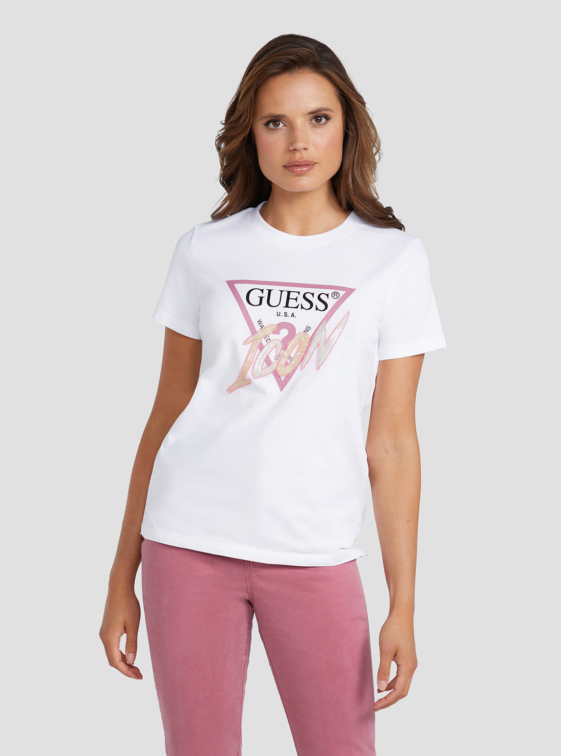 GUESS Women's Eco White Sequin Icon Logo T-Shirt W3RI12I3Z14 Front View