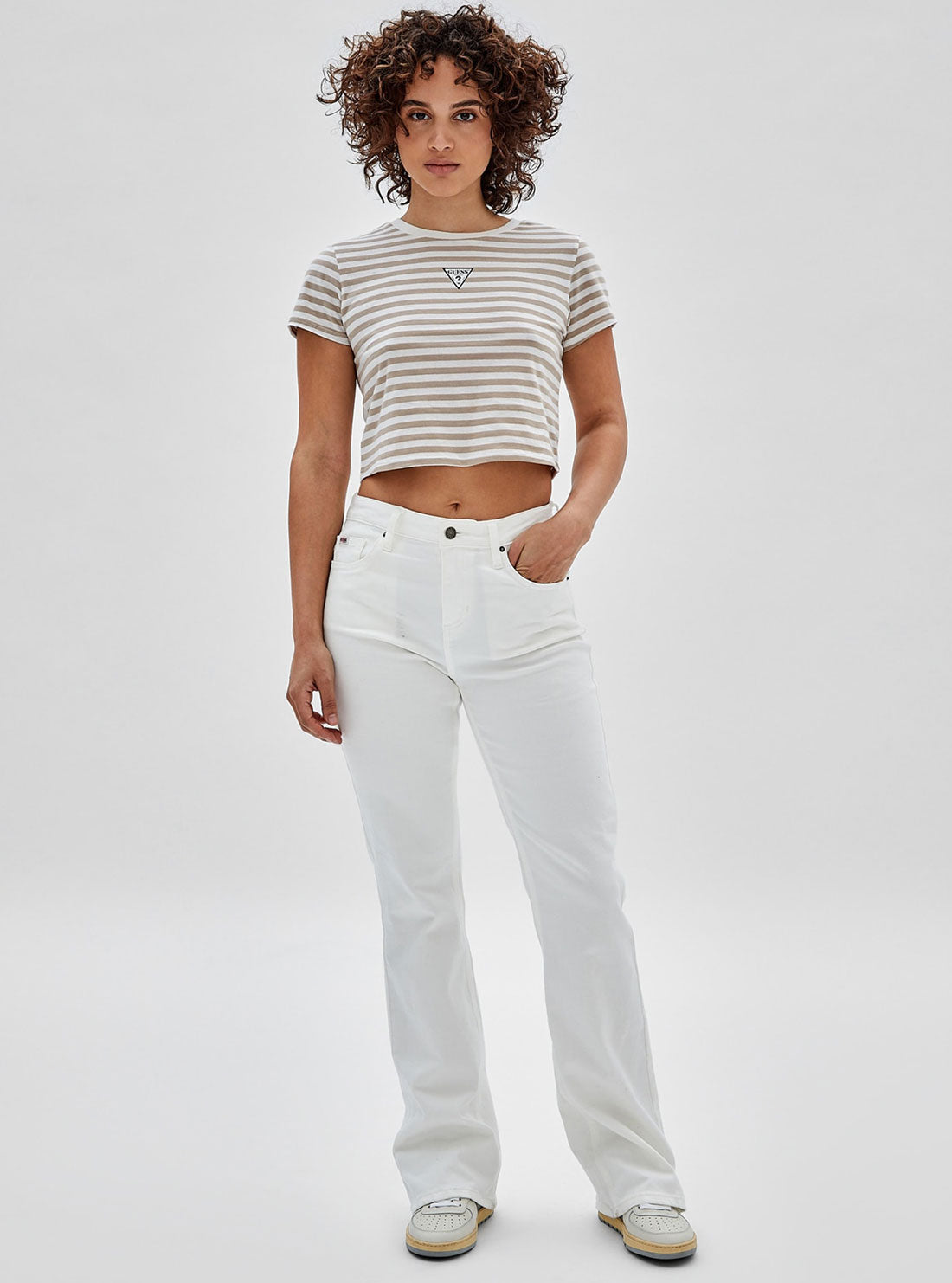 GUESS Women's Guess Originals White Multi Clara Striped Baby T-Shirt W3GI60KA0Q3 Full View